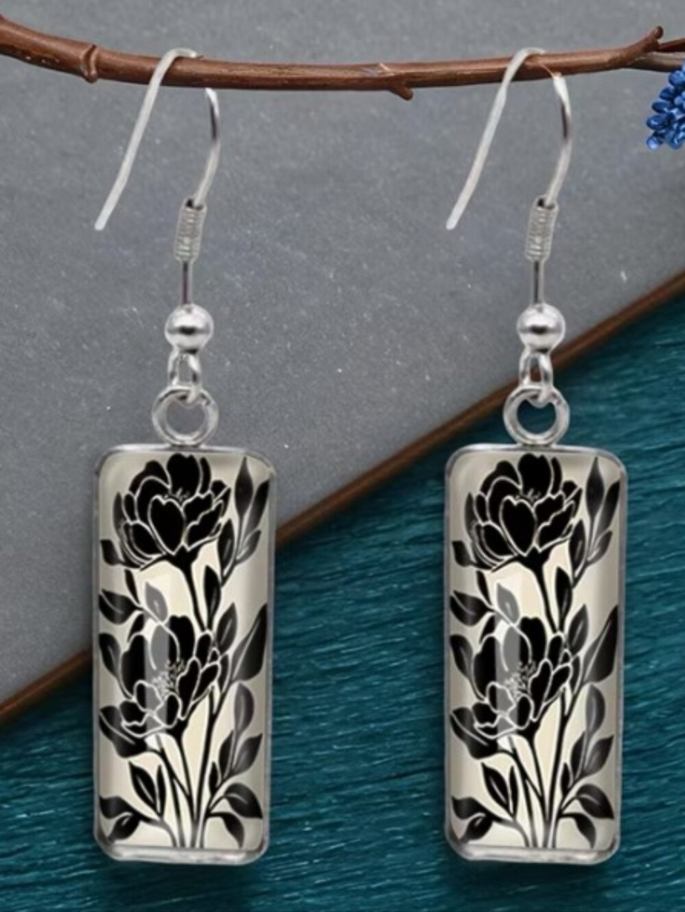 Silver Black Floral Rectangular Drop Earrings - Women Jewelry